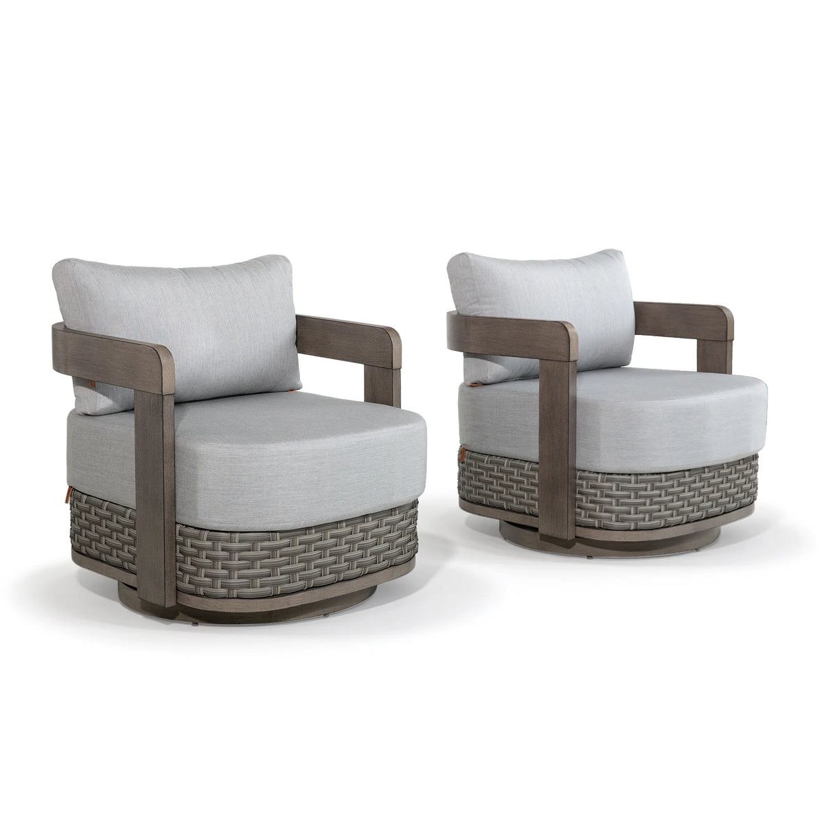 Studio product shot of a set of two Amanarola gray curved outdoor swivel lounge chairs against a clean white background.