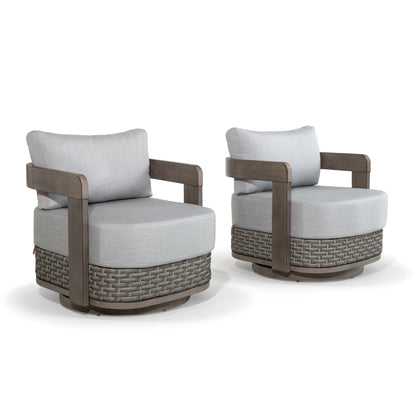Studio product shot of a set of two Amanarola gray curved outdoor swivel lounge chairs against a clean white background.