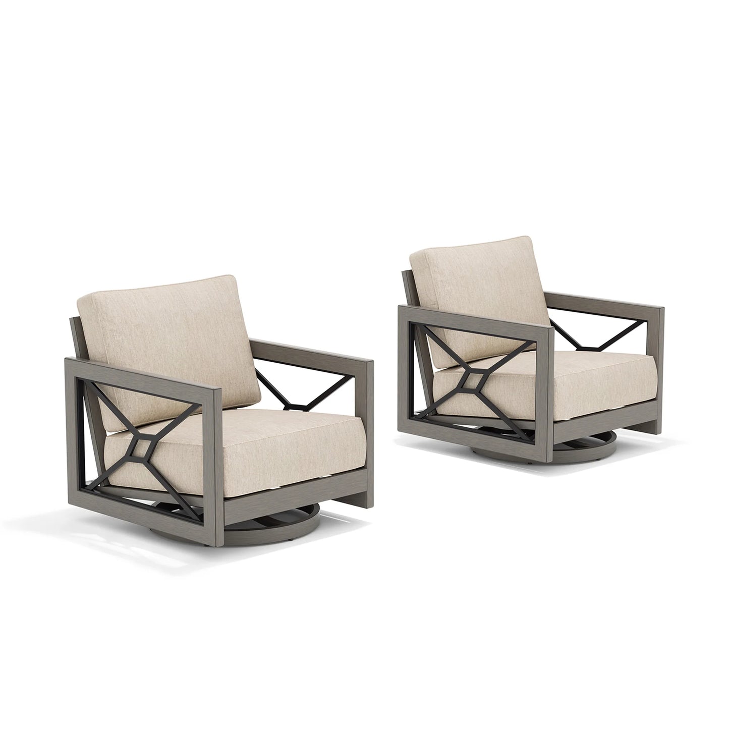Two gray outdoor swivel chairs with beige cushions