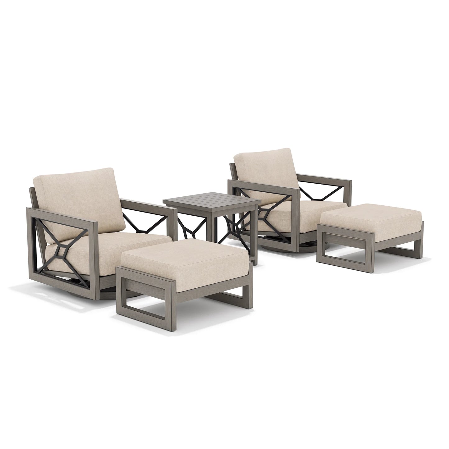 Outdoor furniture set with swivel chairs, ottoman, and table