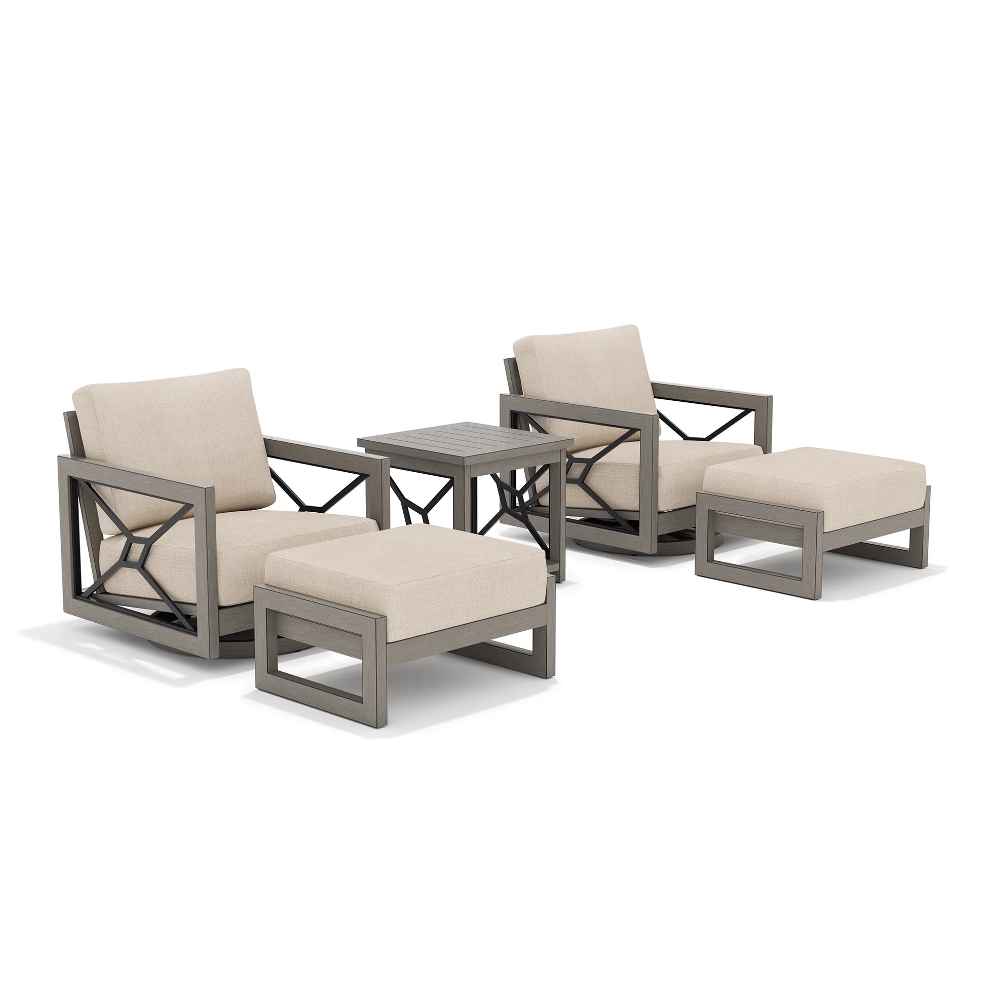 Outdoor furniture set with swivel chairs, ottoman, and table