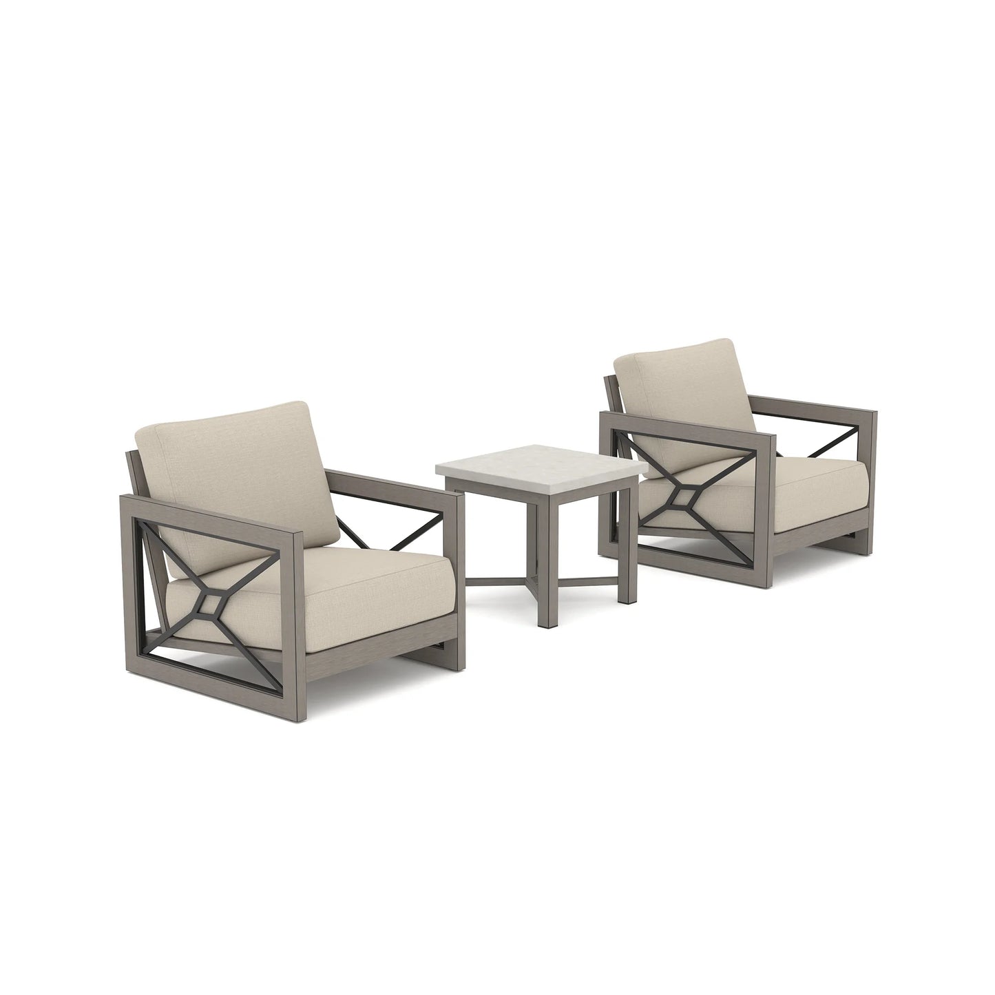 Geometric frame modern farmhouse outdoor club chair set with Sunbrella cushions