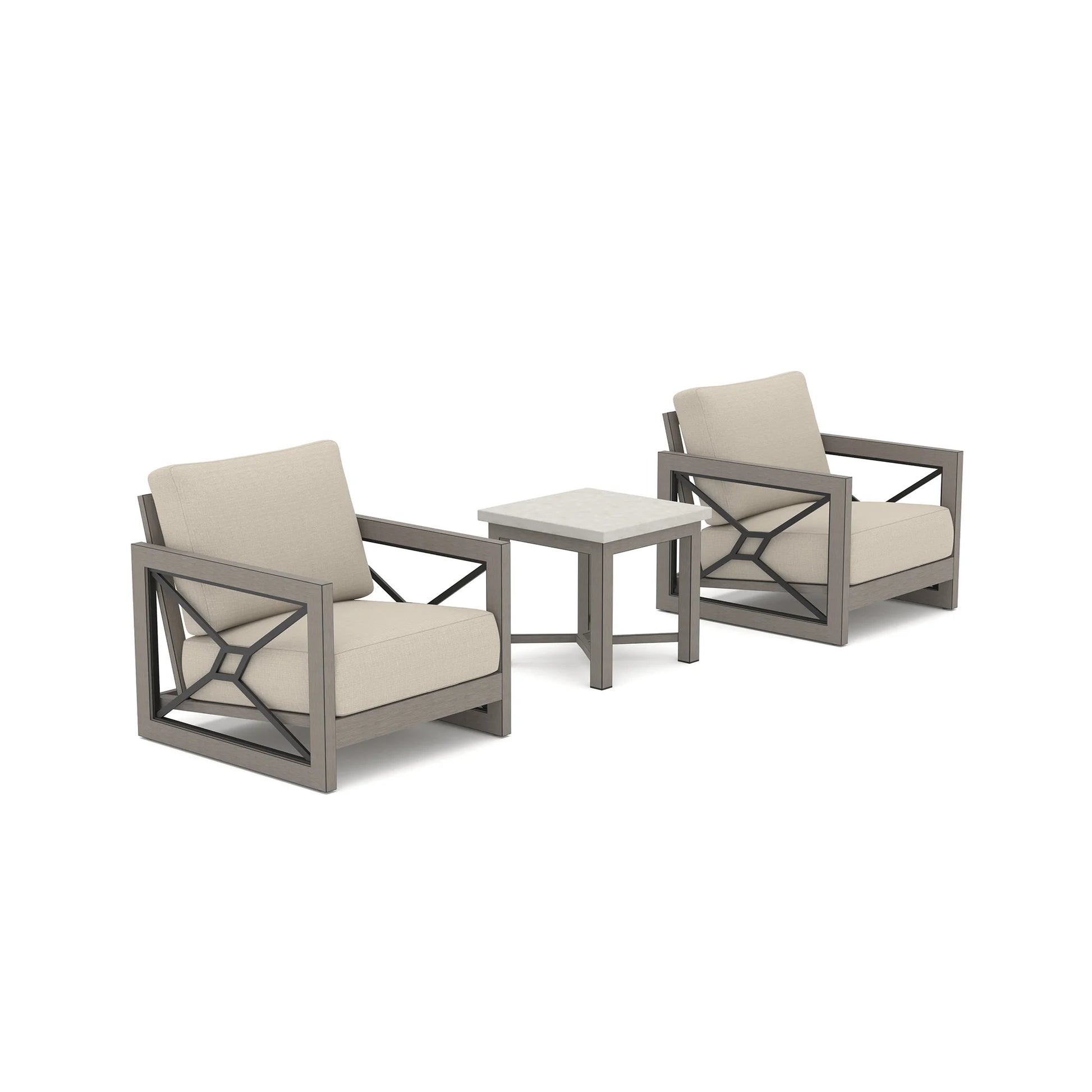 Geometric frame modern farmhouse outdoor club chair set with Sunbrella cushions