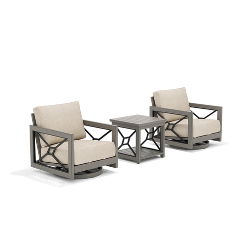 Two gray chairs with beige cushions and a matching side table