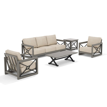 Outdoor furniture set with sofa, chairs, and table 