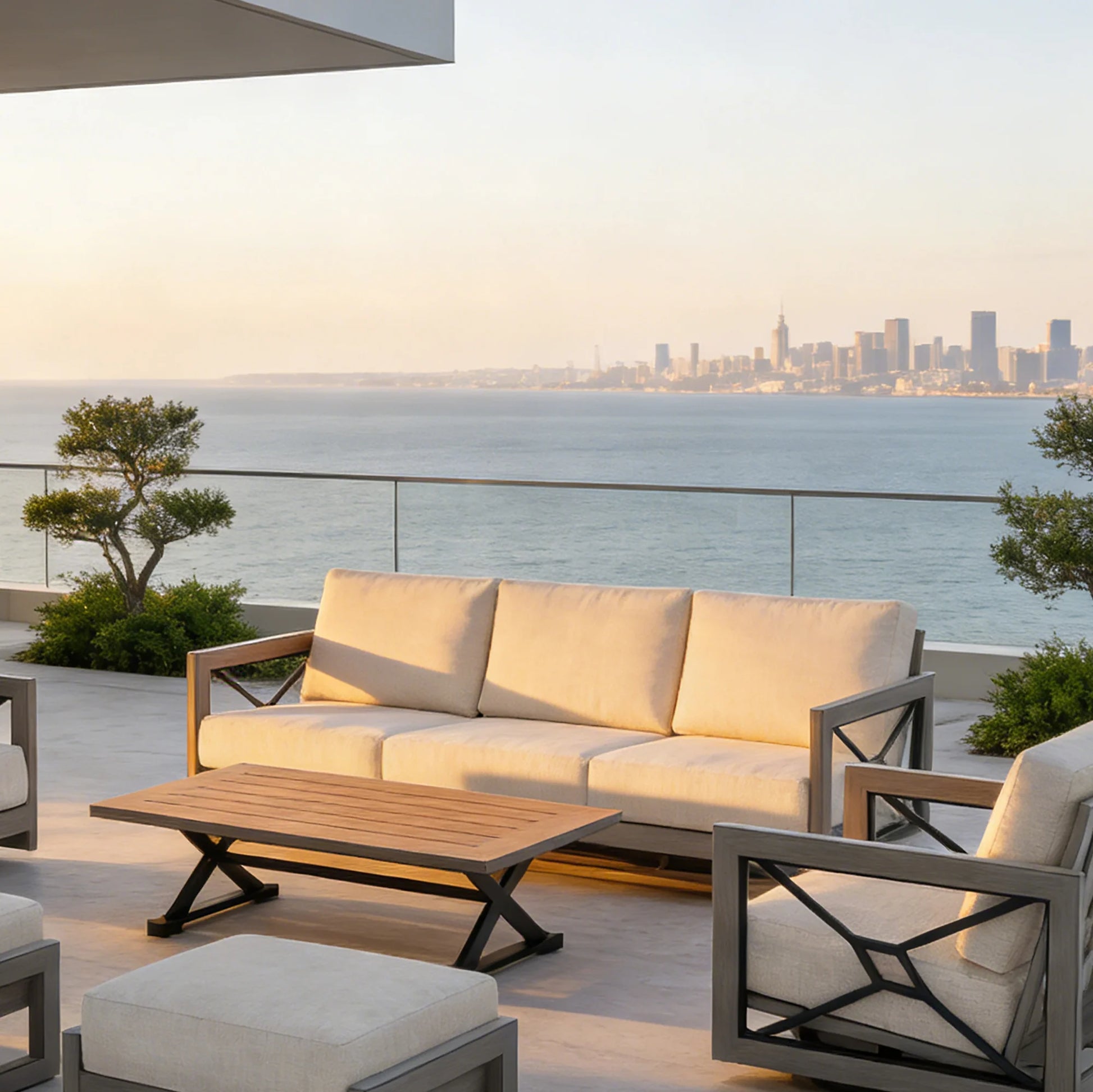 Outdoor patio set with beige cushions and wooden coffee table on a balcony with ocean view.