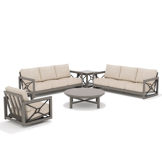 Outdoor furniture set with beige cushions and gray frames 