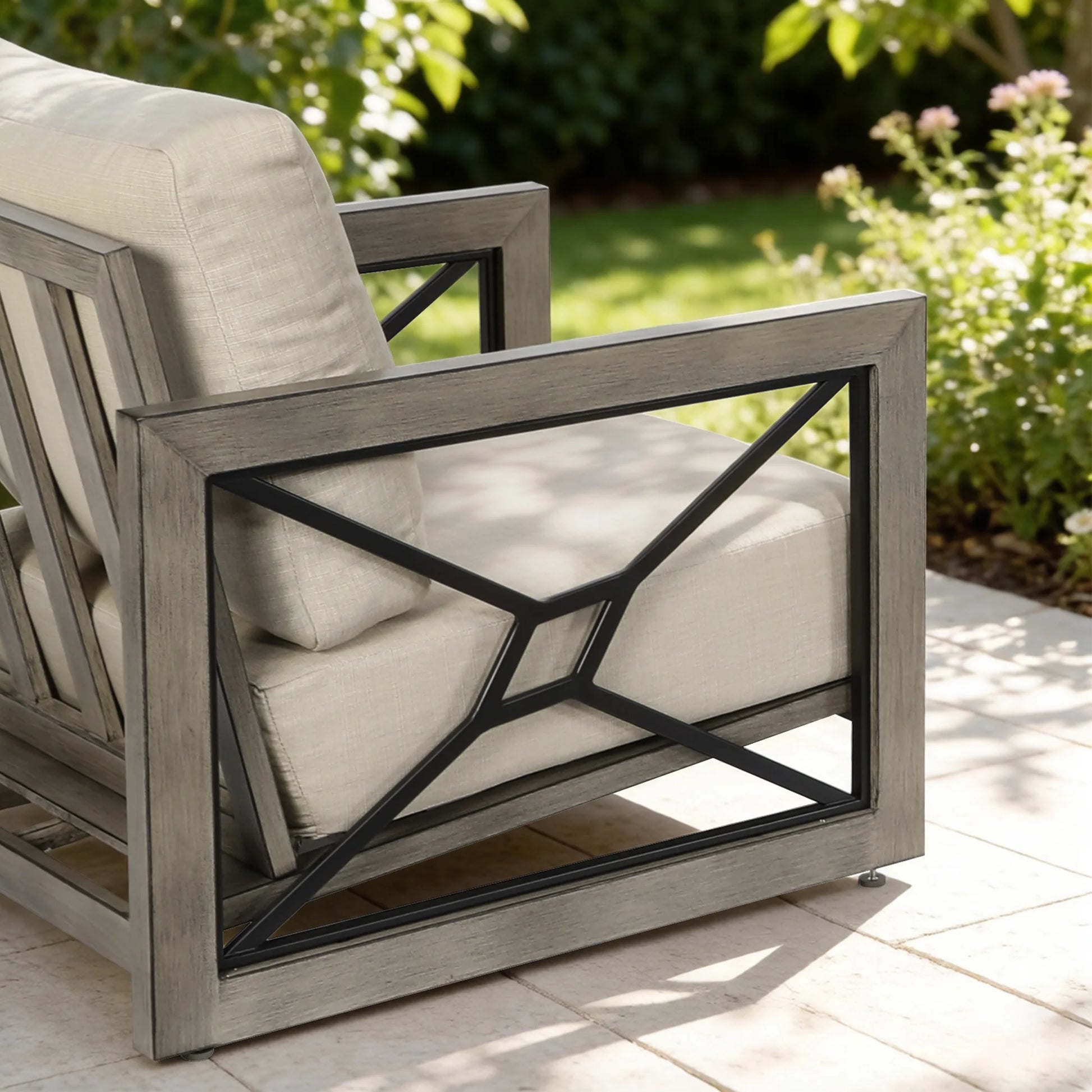 Outdoor chair with beige cushions on a patio