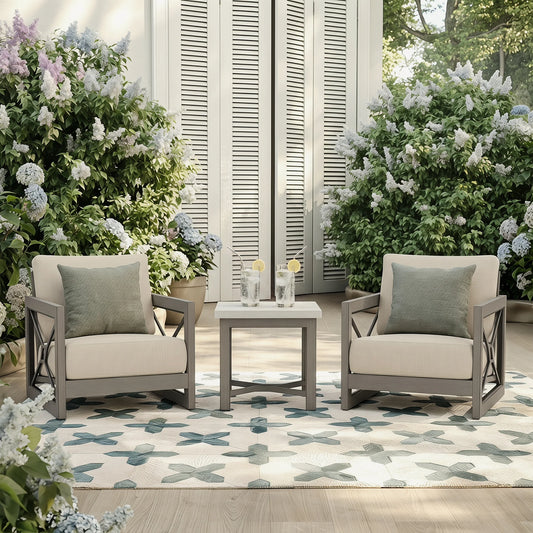Aluminum honeycomb composite concrete end table paired with patio armchairs