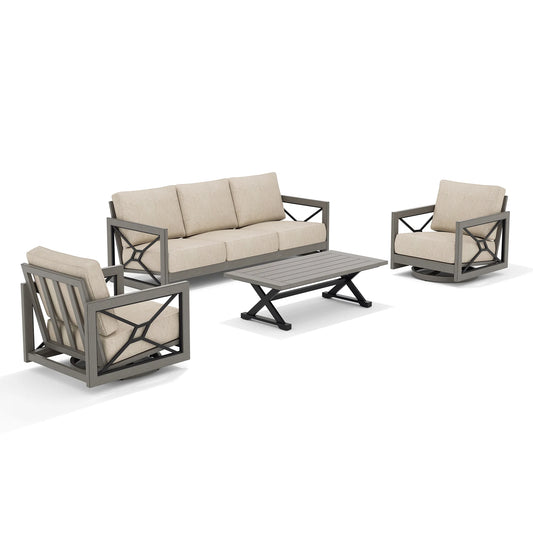 Outdoor furniture set with sofa, two chairs, and a table