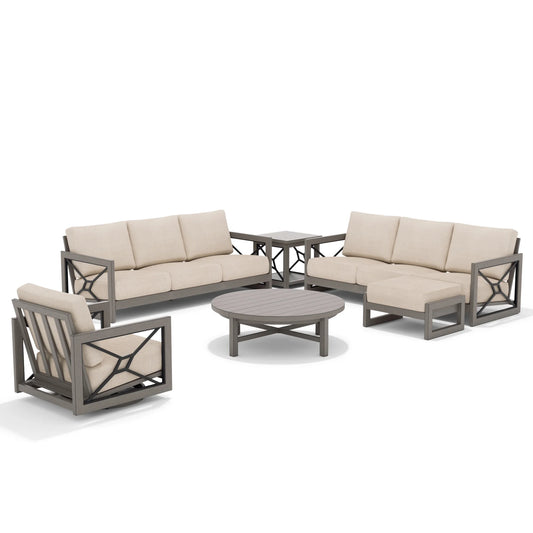 Outdoor Sectional set with beige cushions and gray frames