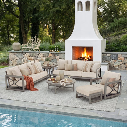 Outdoor patio set with fire pit and seating area in a garden setting