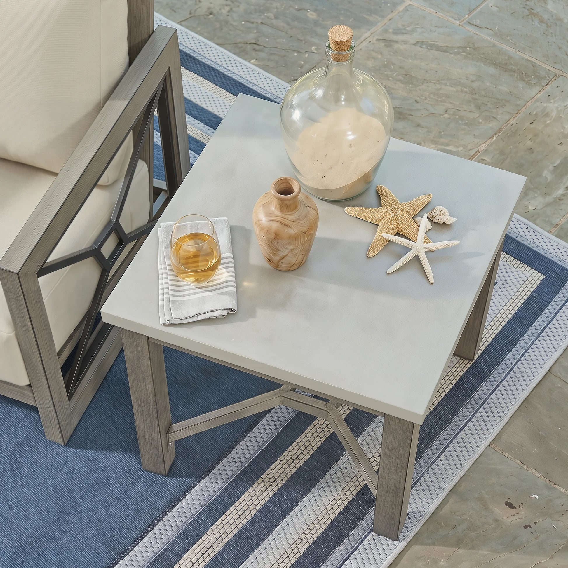 Outdoor table with decorative items on a patio