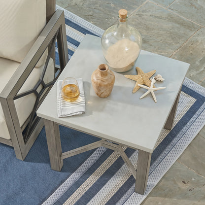 Outdoor table with decorative items on a patio