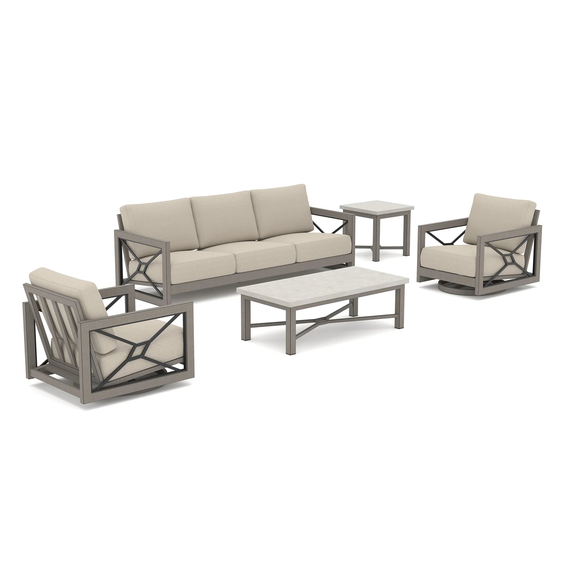 Five-piece outdoor patio conversation set with a three-seat sofa, two armchairs, a coffee table, and a side table. The furniture features light beige cushions and weather-resistant gray metal frames with geometric cross-bracing.