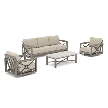 A 4-piece outdoor patio conversation set featuring a three-seater sofa, two armchairs, and a rectangular coffee table. The furniture has light beige cushions and weathered gray frames with geometric metal accents, shown on a solid white background.