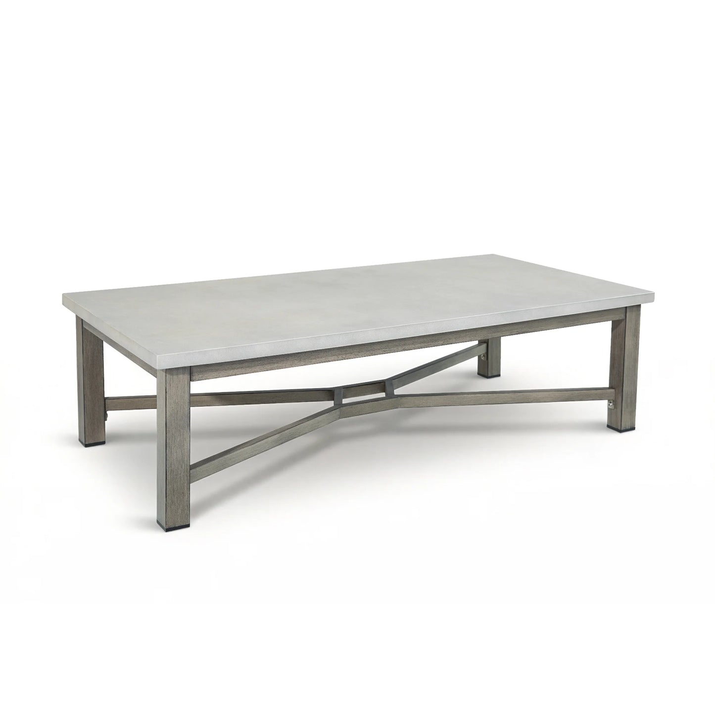 Rectangular coffee table with a light gray top and metal frame on a white background