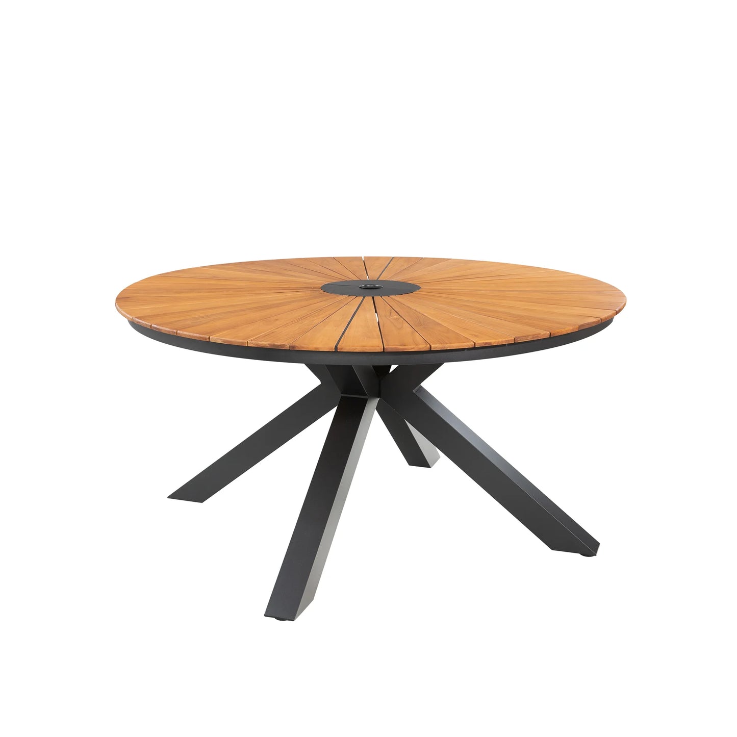 Round wooden table with black metal base