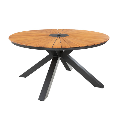 Round wooden table with black metal base
