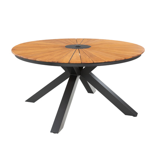 Round wooden table with black metal base