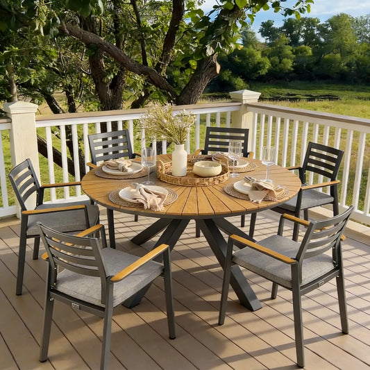 Nuova Outdoor Aluminum/Teak Round Dining Set With Olefin Cushions