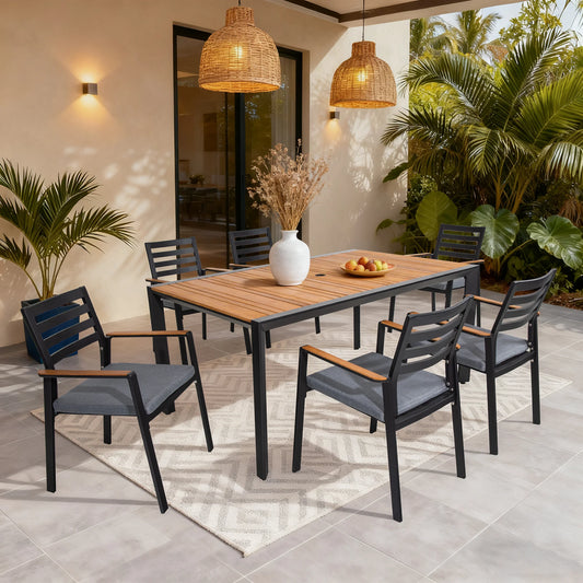 Nuova Aluminum Rectangular Dining Set With Teak Top