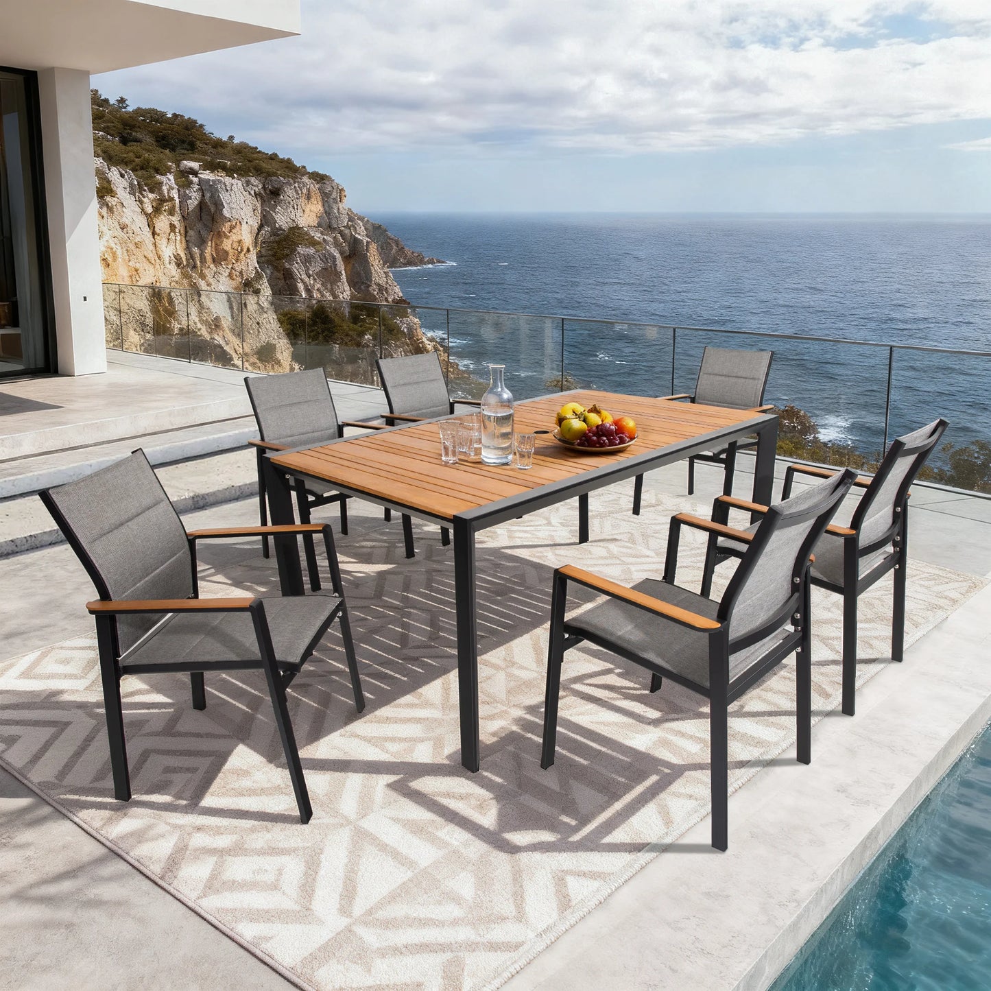Nuova Aluminum/Teak Rectangular Dining Set With Textilene Chair