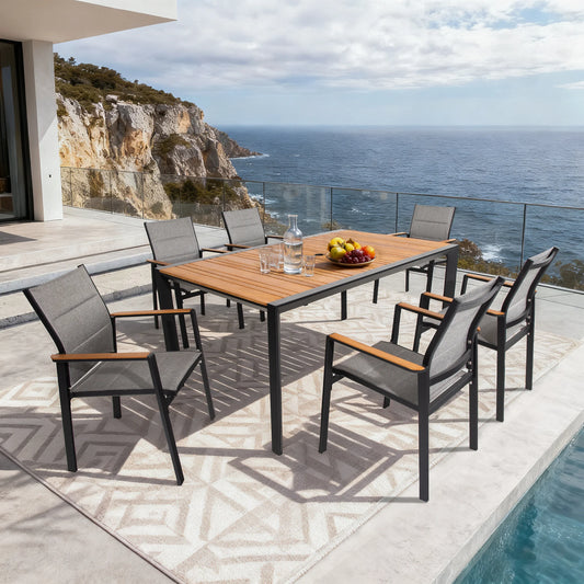 Nuova Aluminum/Teak Rectangular Dining Set With Textilene Chair
