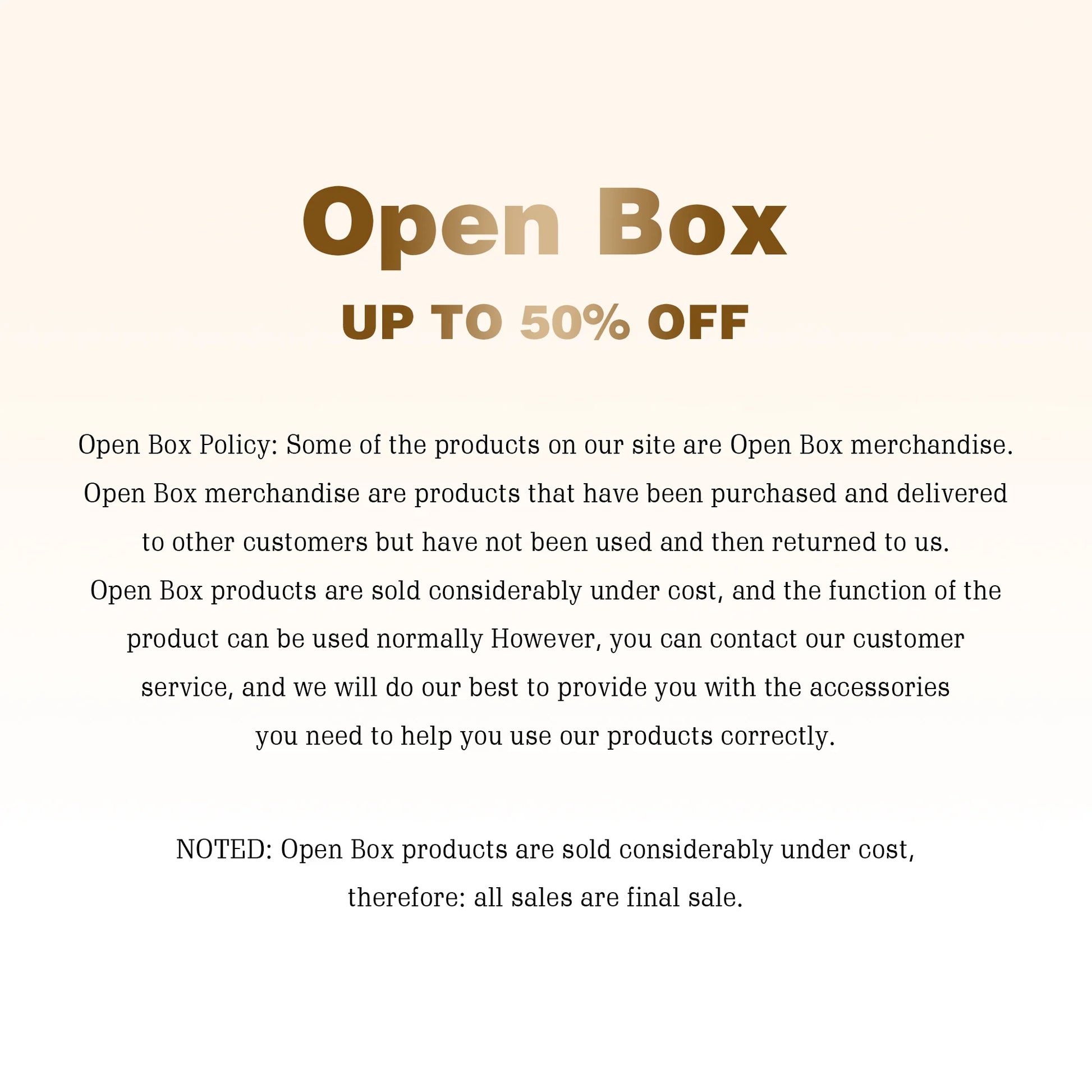 Promotional text for open box products with discount offer on a beige background