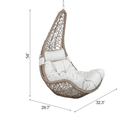 Size chart and dimensions of Peak Home Furnishings wicker hanging porch swing chair indicating height, width, and depth measurements.