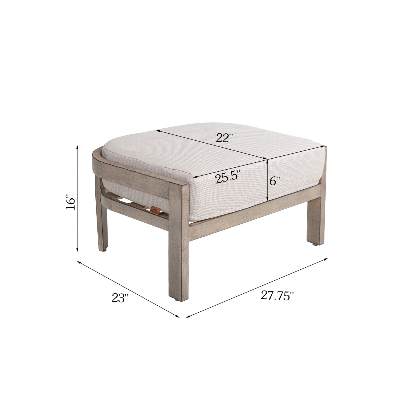 Measurement chart of a cushioned ottoman with dimensions on a white background