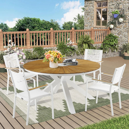 PEAKHOME Nuova Outdoor Dining Set With 60" Round Teak Table and Stackable Chairs