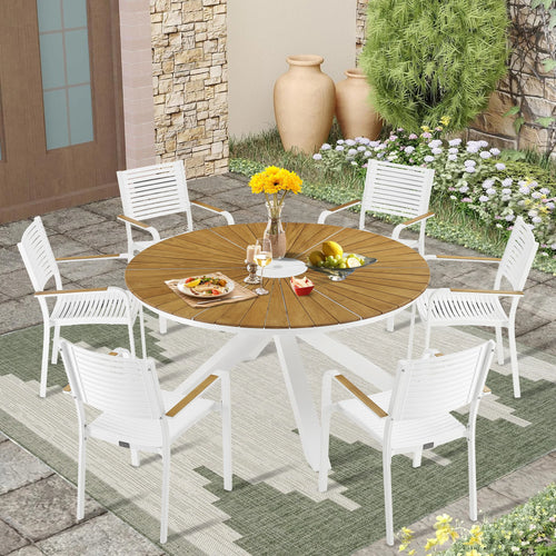 PEAKHOME Nuova Outdoor Dining Set With 60" Round Teak Table and Stackable Chairs