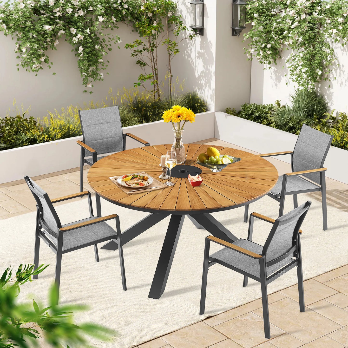 PEAKHOME Nuova Patio Teak Round Dining Set Whit Textilene Stackable Chair
