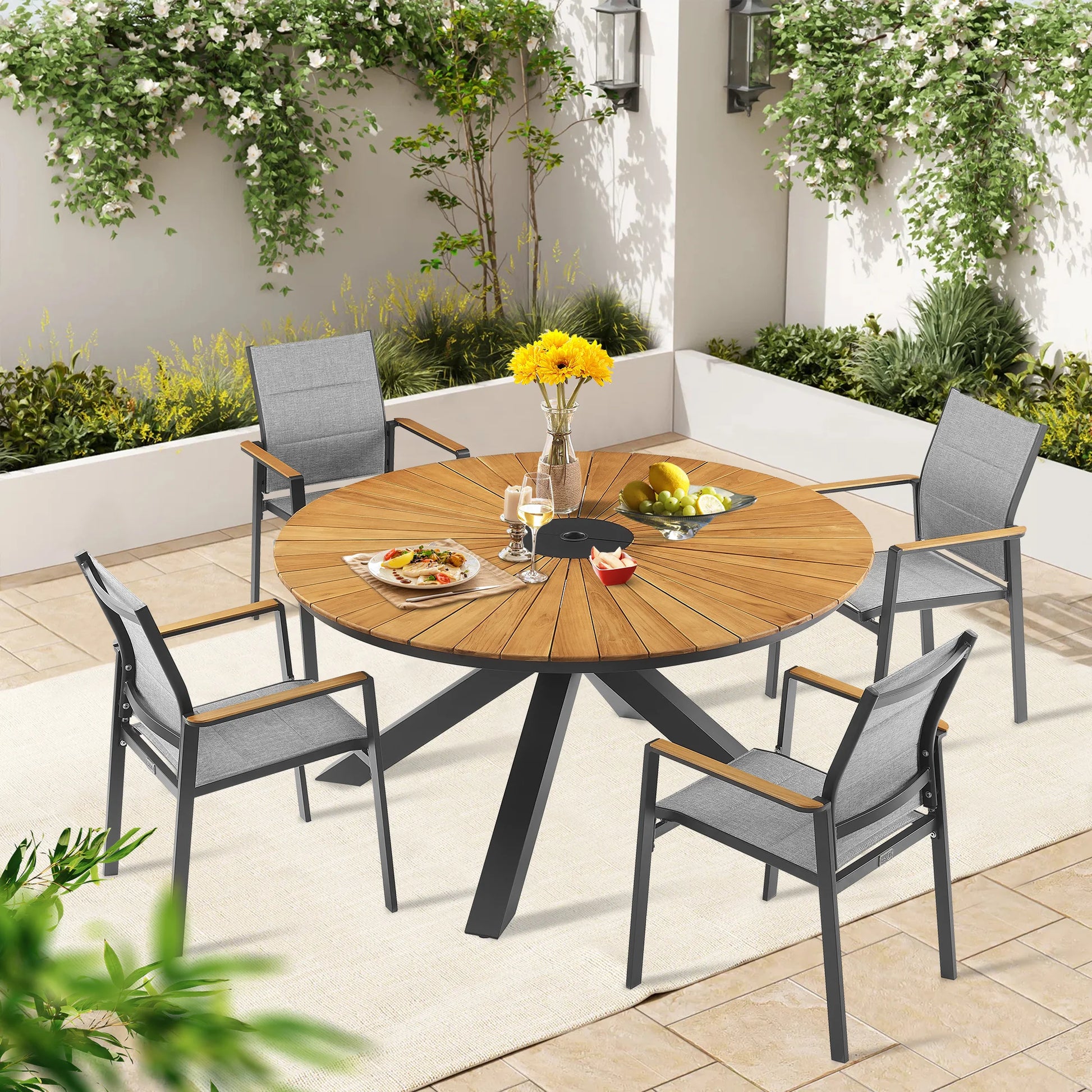 PEAKHOME Nuova Patio Teak Round Dining Set Whit Textilene Stackable Chair