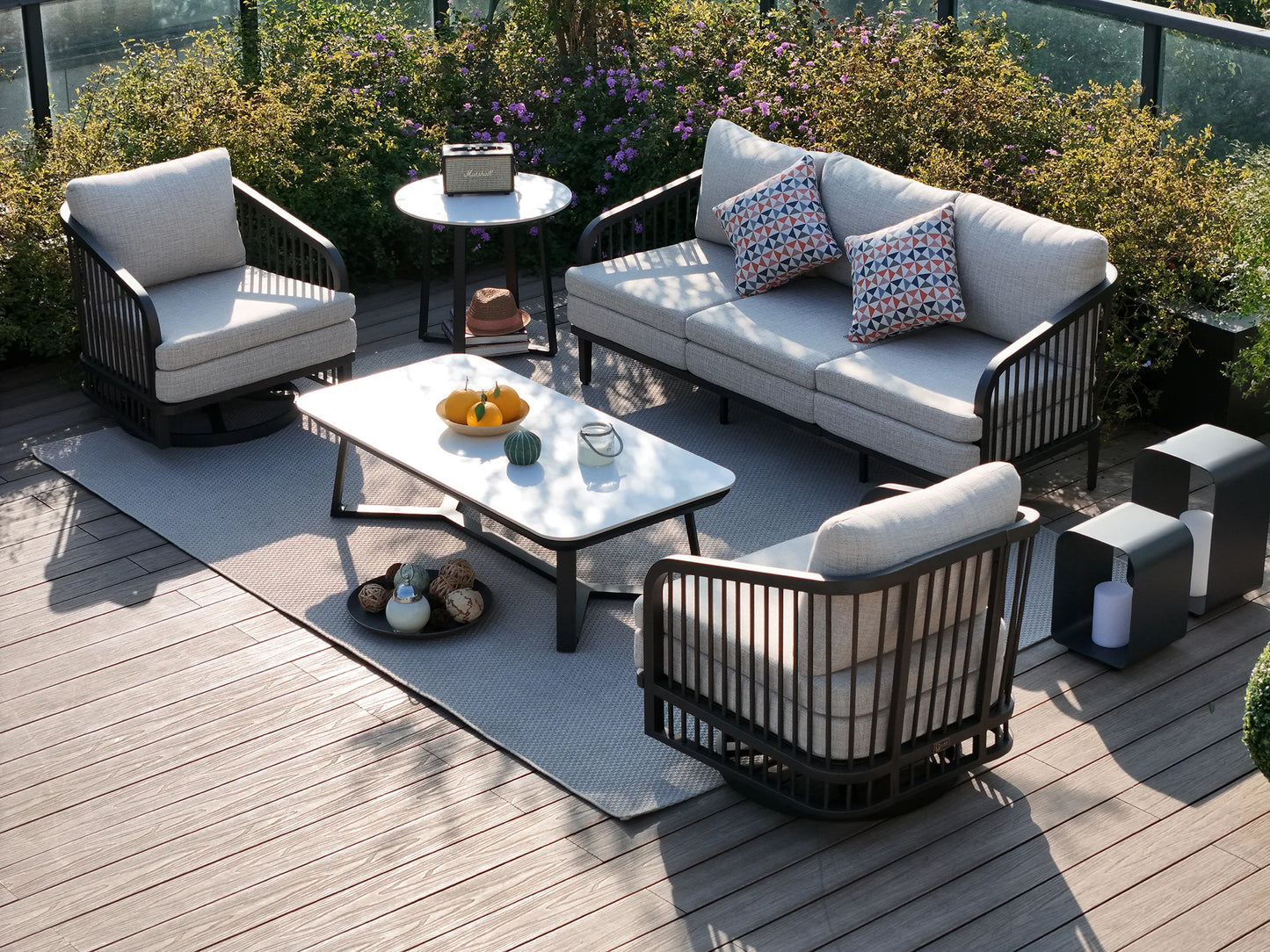 Asheville 5-Piece Aluminum Patio Swivel Seating Set With Sintered Stone Tables