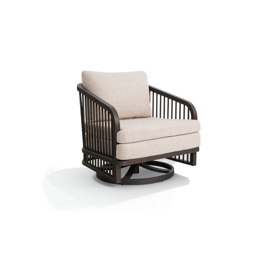 Swivel chair with black frame and beige cushion 
