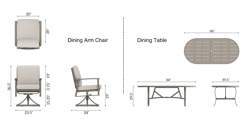 Dimensions of a dining arm chair and dining table on a white background