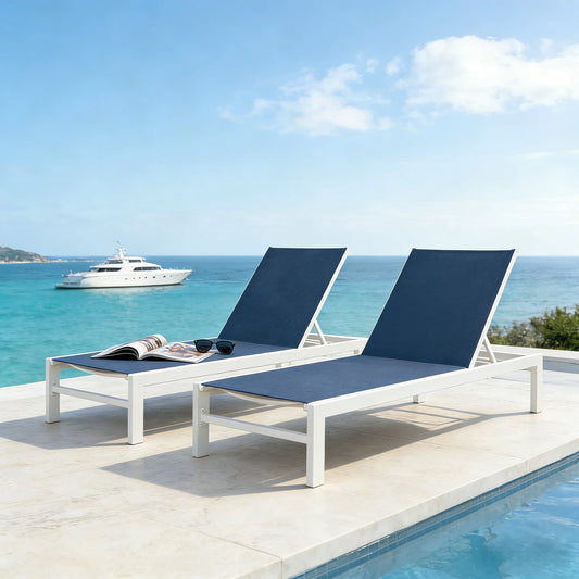 PEAKHOME Outdoor Chaise Lounge Chair with Wheels Set of 2 (Navy)