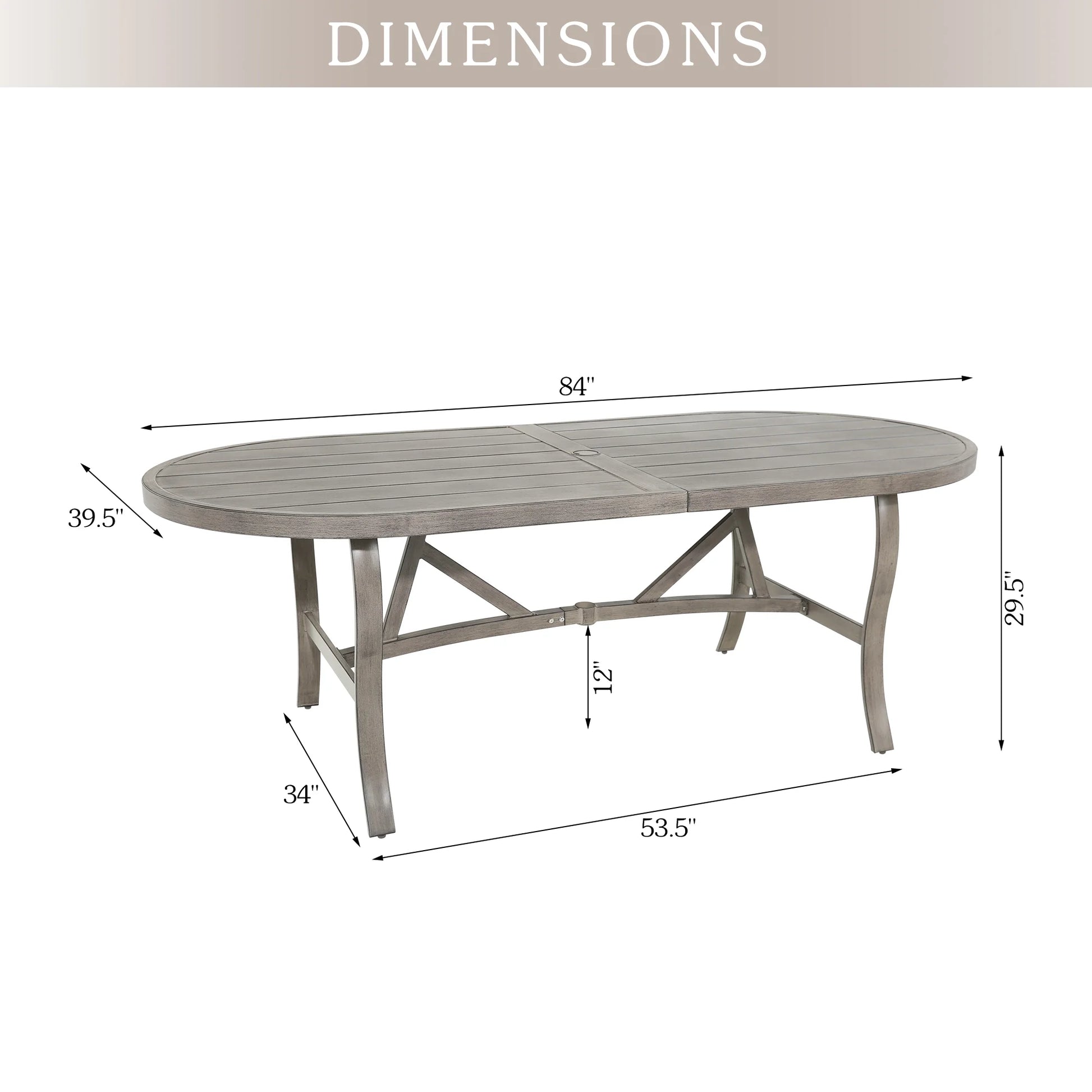 Oval outdoor dining table with dimensions labeled on a white background