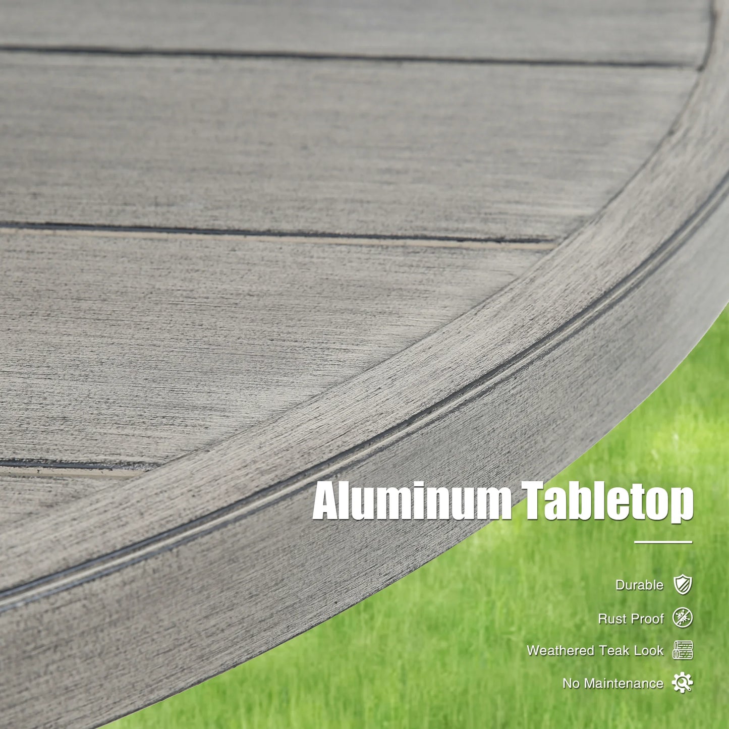Aluminum tabletop material with a green accent and text highlighting features.