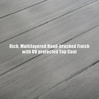 Text on a gray wooden surface with 'Rich, Multilayered Hand-brushed Finish with UV protected Top Coat' text.