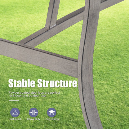 Metal legs of a furniture piece on a grass background with text about stability and durability.
