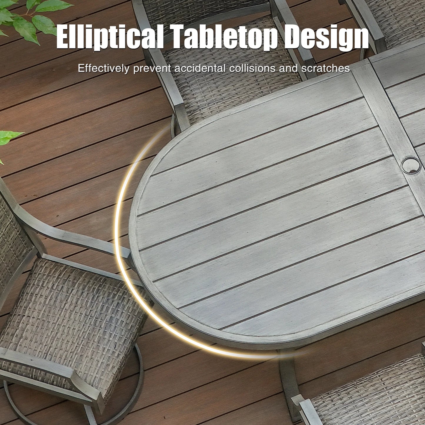Elliptical wooden table on a wooden deck with chairs, highlighting its design.