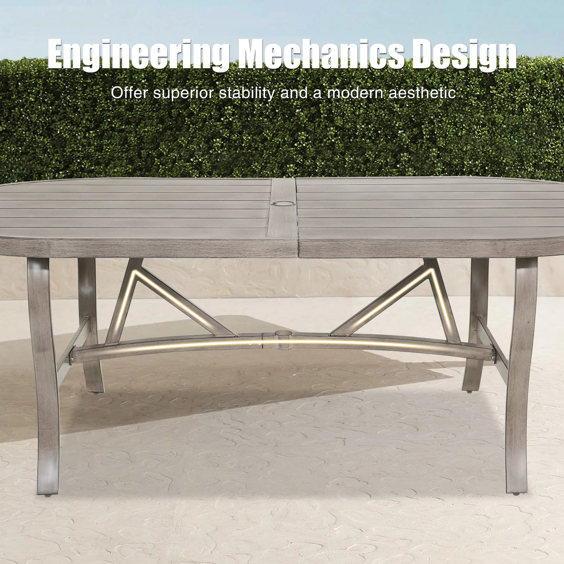 Outdoor table with metal frame on a paved surface, text about engineering mechanics design.