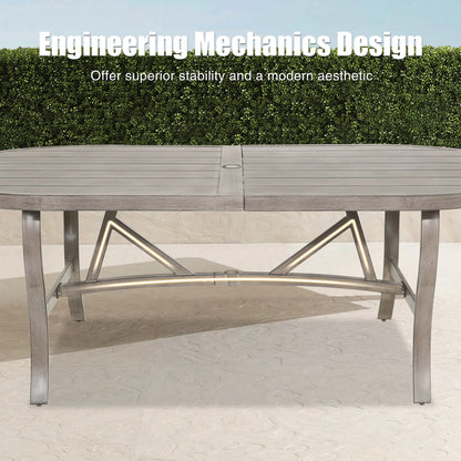 Outdoor table with metal frame on a paved surface, text about engineering mechanics design.