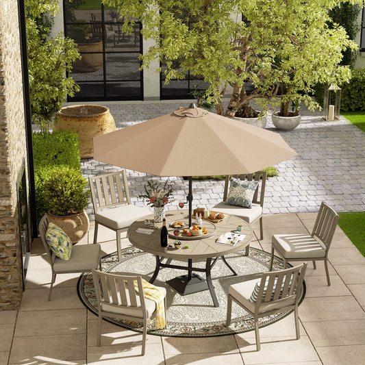 PEAKHOME FURNISHINGS AZUR PATIO ROUND TABLE WITH ARMLESS DINING CHAIRS 7PCS SET