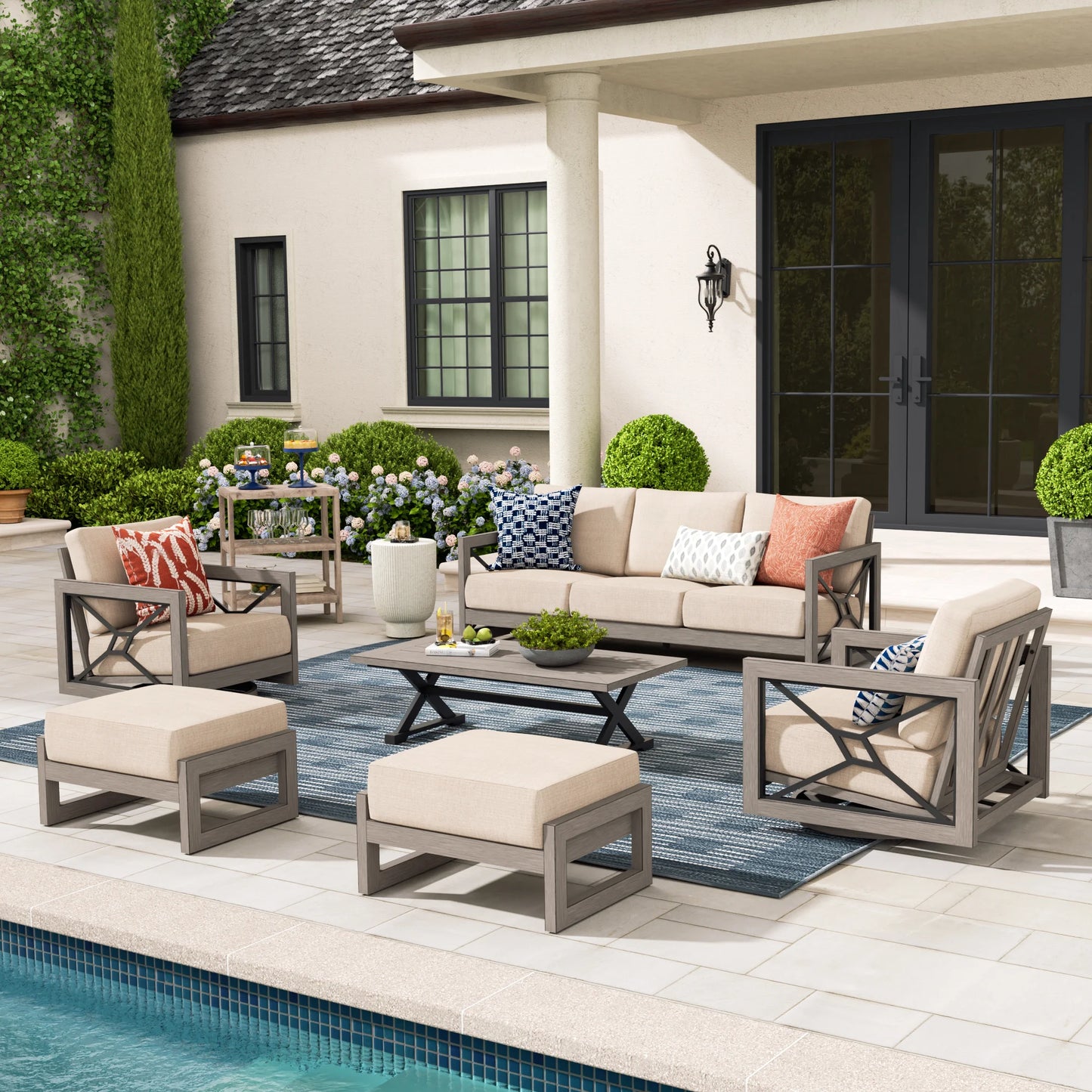 Marindo 6 Piece Patio Swivel Seating Set With Ottoman
