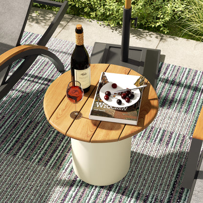 PEAKHOME-Lido Outdoor Round Aluninum Side Table With Teak Wood Table Top