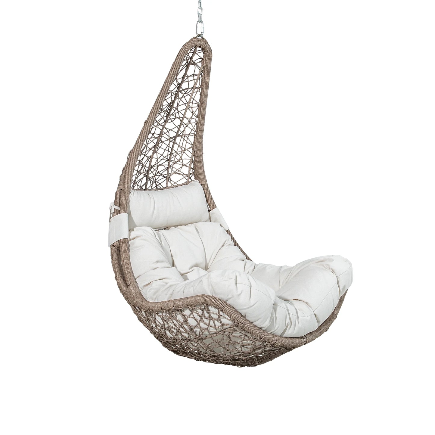 Peak Home Furnishings teardrop wicker porch swing chair with comfortable tufted beige cushion isolated on a white background.